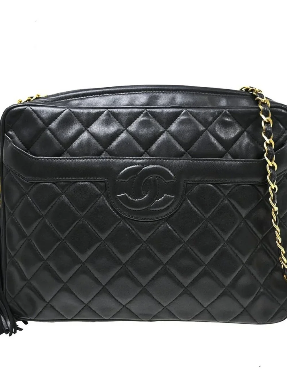 Chanel Black Lambskin Frigne Chain Shoulder Camera Bag